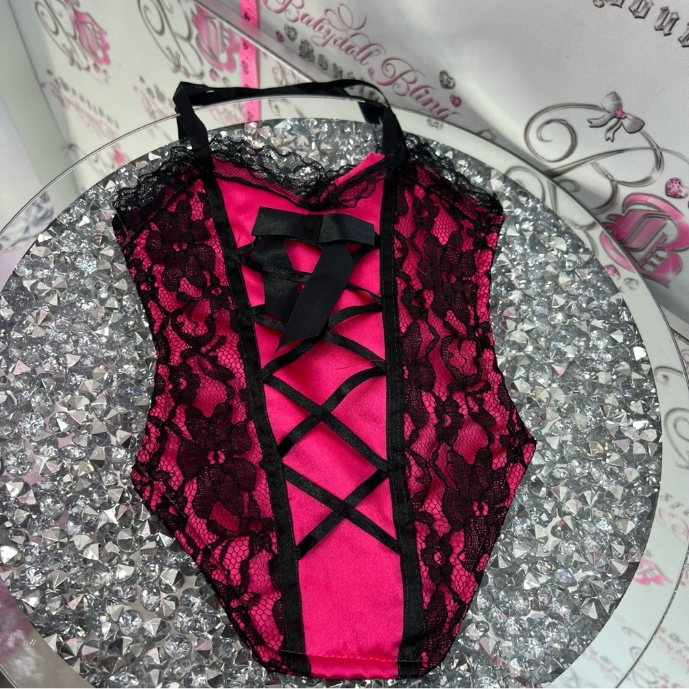 Bag mini corset y2k Women's Hot Pink and Black Lace Satin Teddy Bodysuit bag - Picture 1 of 6